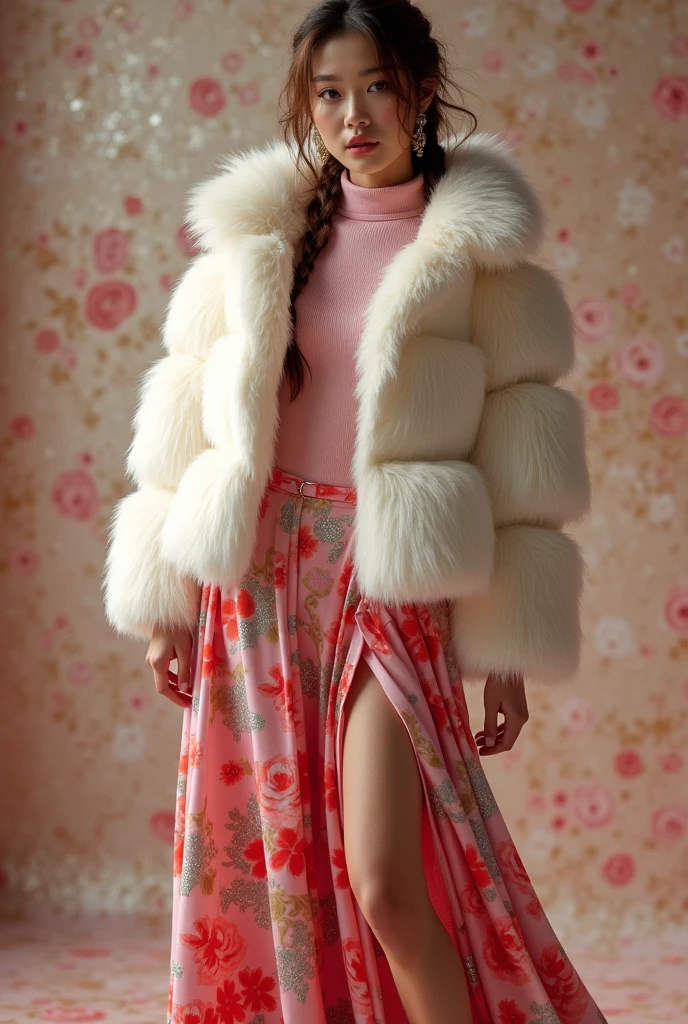 beautiful tanned japanese woman, wearing a designer fur puffer crop broken white jacket , and floral (pink rose, red, silver) fabric loose long halter satin dress with ((high collar)) ((turtle neck)) ((no cleavage)) ((covered boobs)), she also wears soft pink tight inner turtle neck long sleeve top underneath the dress, thick eyebrows, photorealistic, masterpiece, moncler, messy two braids brown highlighted hair, open coat, lips pouting, pouts, Floral wallpaper background glitters and particles and nice lighting, UHD, HDR, 8k, Masterpiece, standing, glittery sequin high heels, full body shots