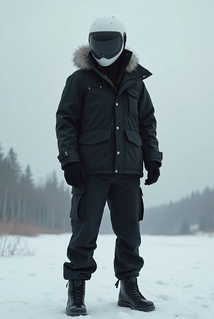 alone, male, standing, black winter jacket, hood up, hood over head, black cargo pants, White fur around hood, white moter cycle helmet, 18, fit, best quality