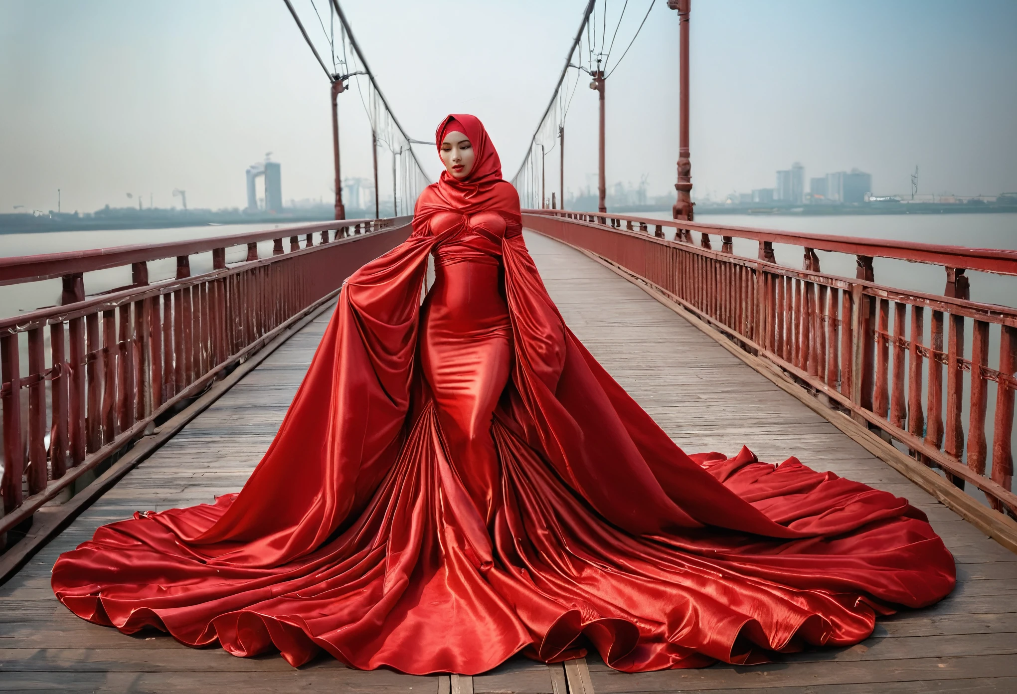 A woman shrouded in a 8-meter-long, plush red satin cloth, tightly bound and grandly draping along the form of her body, flowing off into a pooled floor-length train, styled in a mermaid-inspired outfit with very long train outfit, her head modestly veiled in a satin hijab, tall woman, walk on outdoor bridge, a full-body pose conveying a sense of mysterious elegance, captured in a 4k resolution, ultra-realistic