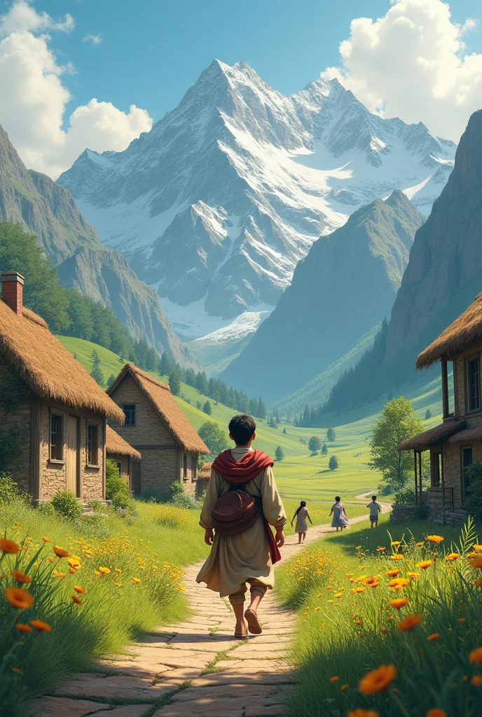 A small, peaceful village surrounded by mountains. Children playing in the fields. The protagonist, Ali, is seen walking towards his home with a curious expression on his face.)