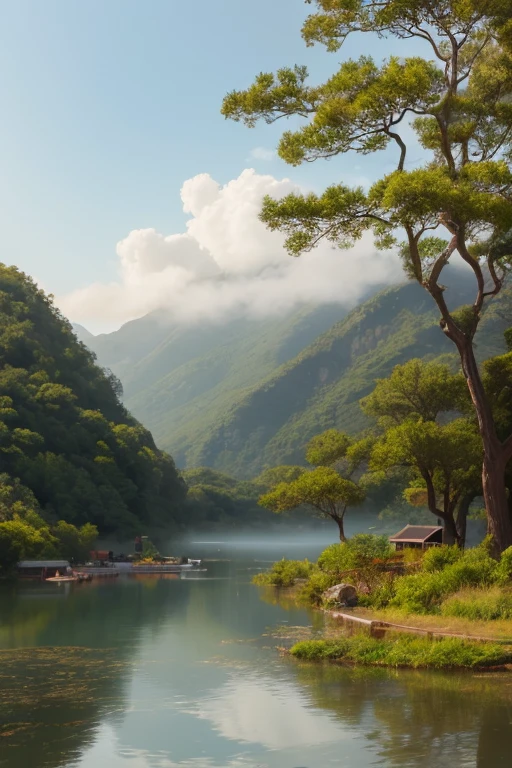 Highest quality、Landscape painting、Tranquil lakeside scenery、Foggy、dim