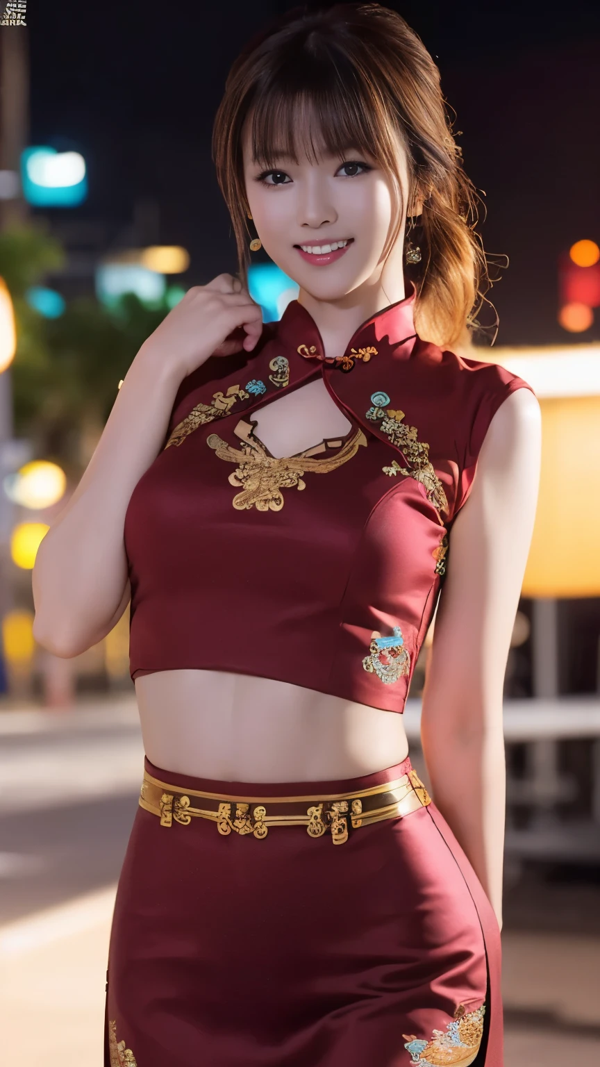 8K, table top, Raw photo, highest quality, realistic, Highly detailed CG Unity 8K wallpaper, Depth of the bounds written, cinematic light, Lens flare, ray tracing, (very beautiful face, beautiful lips, beautiful eyes), face with intricate details, ((highly detailed skin)) 1 girl, in the dark, deep shadow, cute korean girl, K-POPアイドル, 1 girl, (very slim and slender fit muscular body:1.3), ((looking at the viewer)),(big smile:1.3), (fashion city night, dark night, (neon sign), (blurred background), fashion street night),(no people in the background:1.3), beautiful earrings, bracelet, pantyhose, clear eyes, walk, (pale skin), (Big eyes), look forward, (brown hair), (full body shot), ((silk cheongsam dress:1.3)), ((tight fit dress)), , (looking at the viewer:1.3) open chest, very slim, Huge , go back, (buckshot), focusing, front of eyebrows,(tight dress), thick thighs,beautiful ponytail