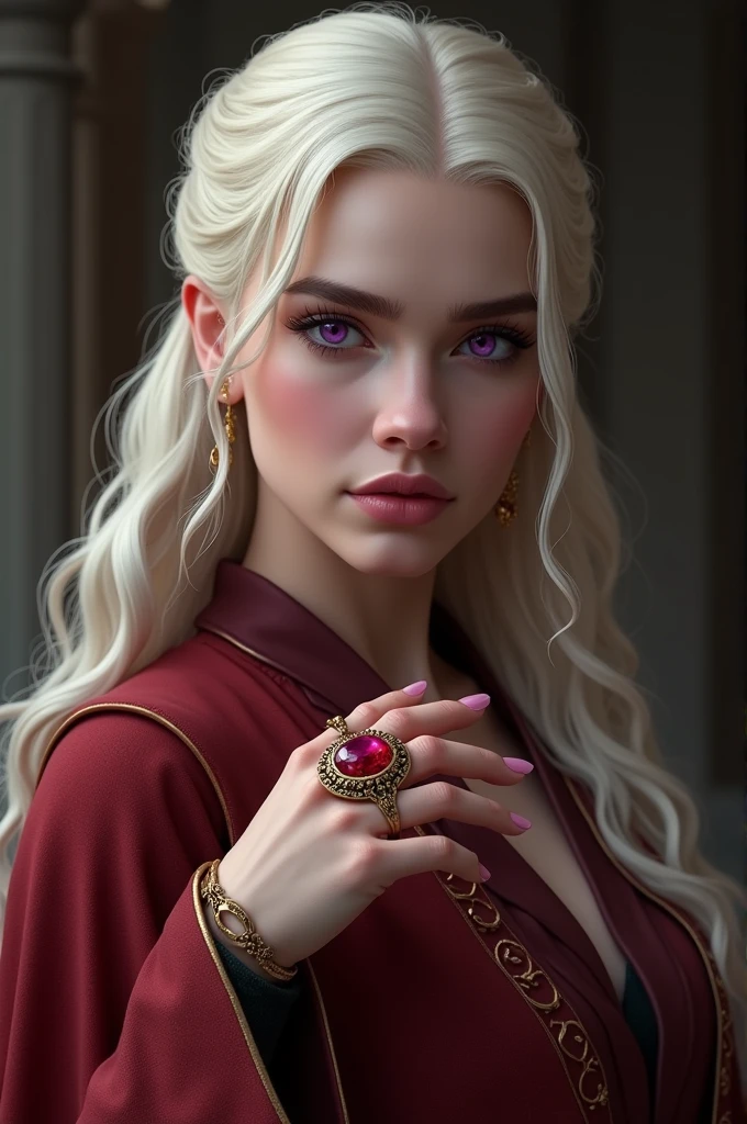 Viserra Targaryen played by the actress, >, showing off her engagement ring, a very thick and decorated gold ring, He also brings you a ruby, smiling with a cheeky little smile full of superiority "Fire & Blood"