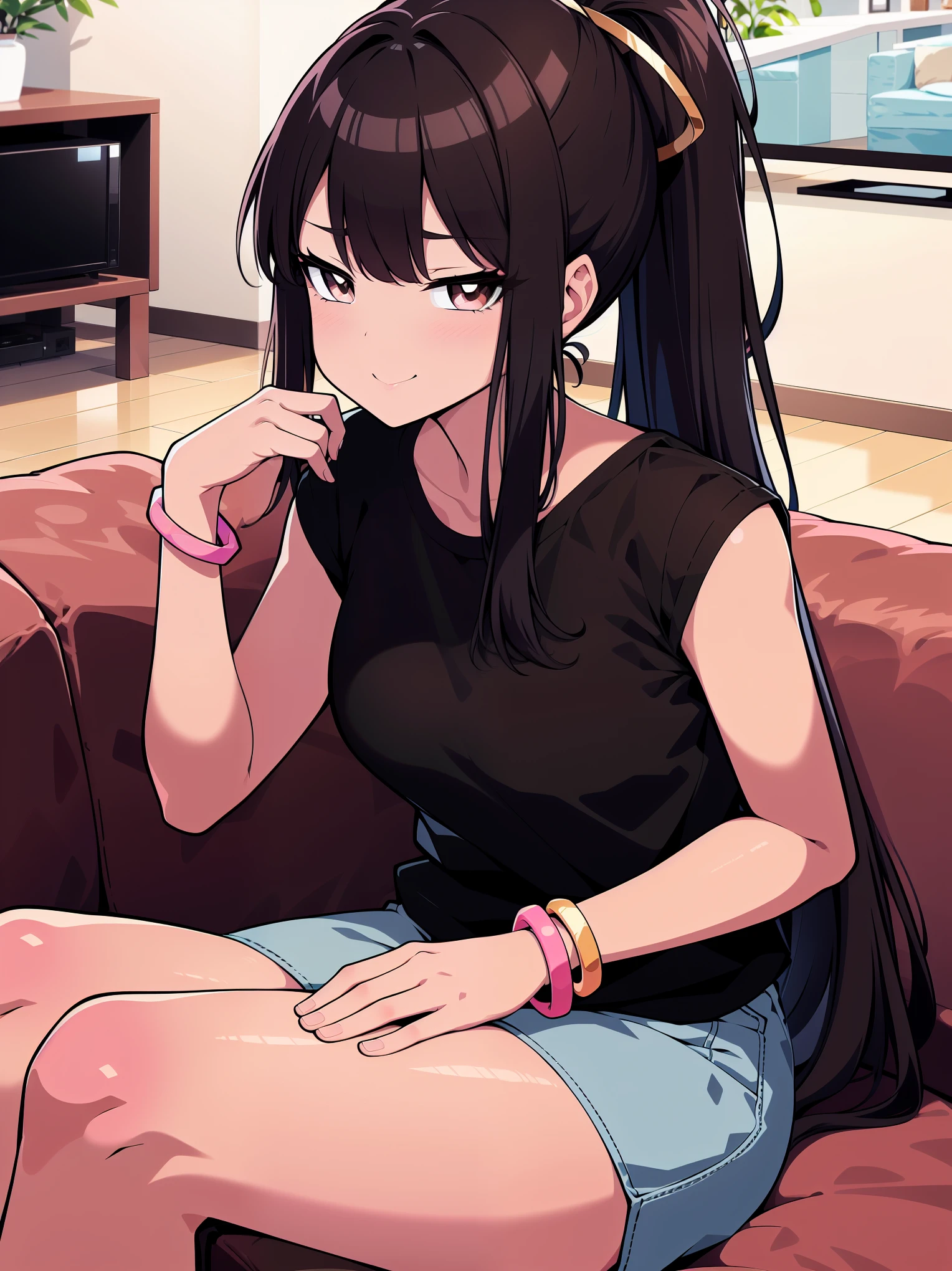 (cowboy shot), (colorful), (ultra-high resolution, depth of field:1.2), 1woman, medium breasts, (tan skin:1.4), brown eyes, (long straight black hair), ponytail, bangs, casual shirt, casual clothes, light blue, pink, multicolor bracelets, gentle smile, (living room scenery), sitting on a couch