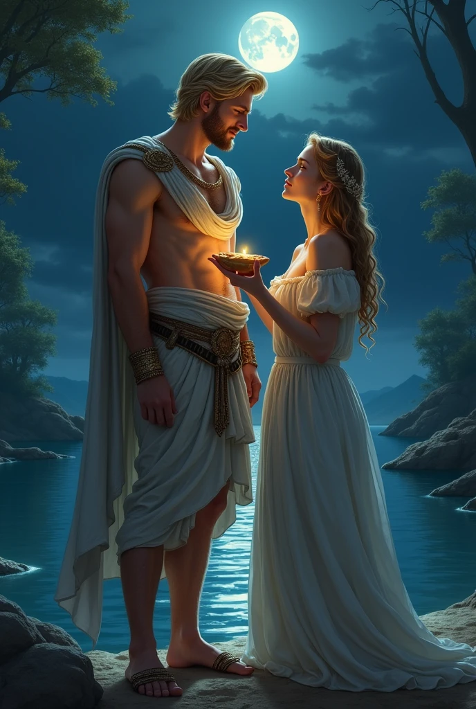 A handsome, young Greek god, fully dressed: blonde, tall, nice with a sword hanged on his waist and a woman amazed at his beauty and was holding a little tasty bread on her hand beside the lake and at night. A woman who's pale as white