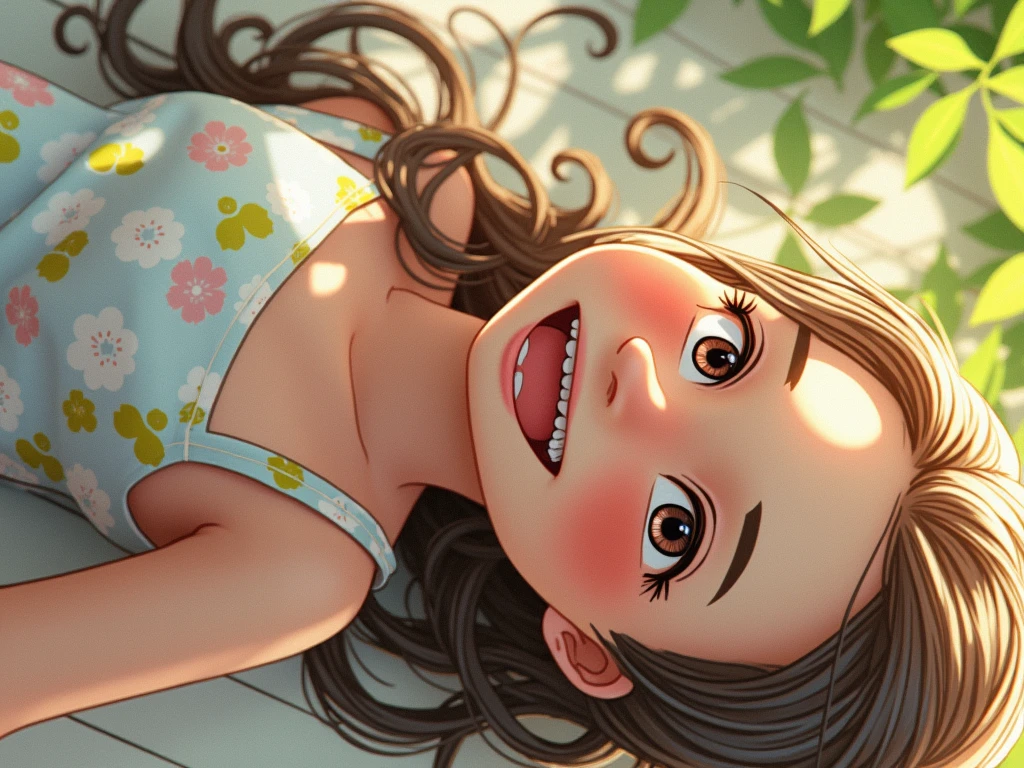 "A young girl around with a warm smile, similar facial features to the woman in the center of the photo. She has light brown hair, likely shoulder-length and slightly wavy, with a few strands falling casually around her face. She might be wearing a simple, cute summer dress in light colors, reflecting a playful and cheerful personality. The background should be a sunny outdoor setting, like a garden or park, with soft natural light that highlights her youthful, innocent expression."