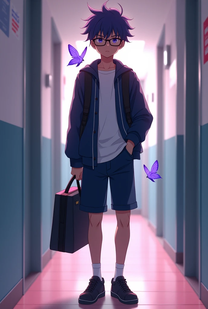 trans boy, School uniform, schoolbag, black shoes, dark but light skin, serious, Dark hair with lilac and purple highlights, purple butterfly, beautiful shelter, labial, freckles and glasses, anime, teenager, school hall