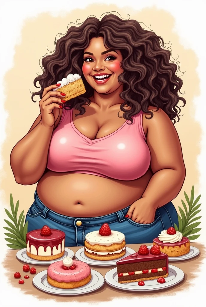 Fat naked ussbbw with a big chocolate cake on table