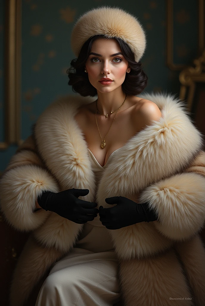A beautiful women, with a fur cap on , a fur stole, sitting upright and holding out to the spectator a huge fur muff into which her forearm had vanished, other arm is resting position