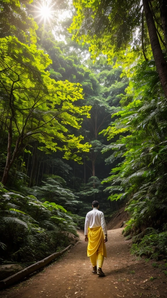 A white young man wearing yellow dhoti walking up a hill to a glowing yellow roses single huge tree, with green forest lining the path, 4k resolution, high resolution, cinematic, realistic, The overall scene is vibrant and dynamic.