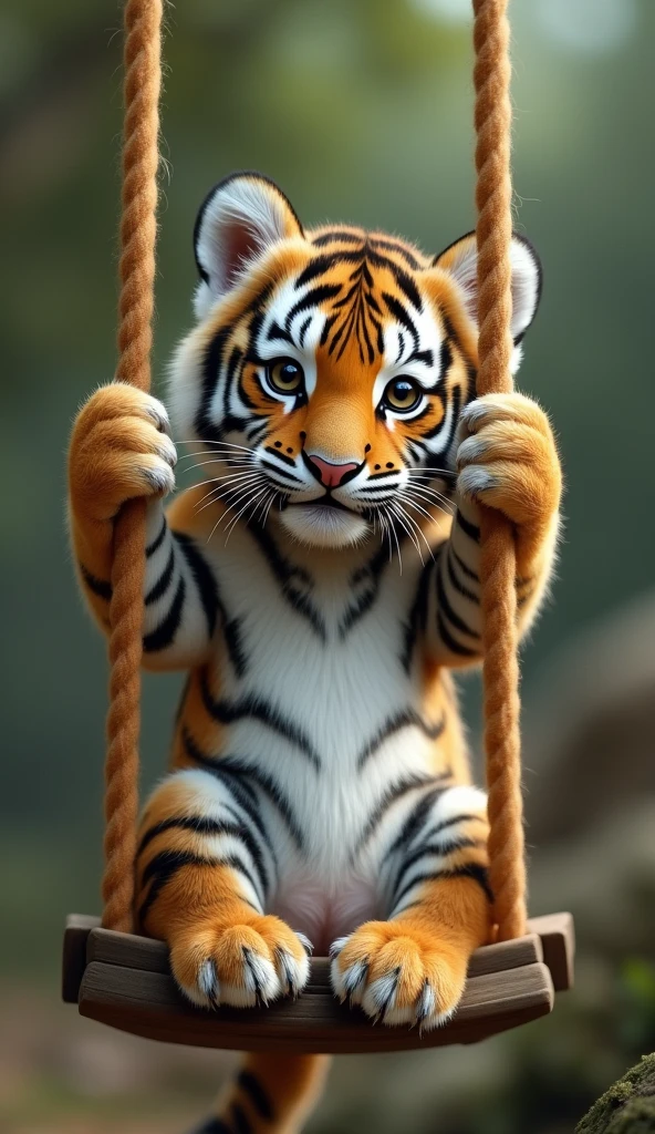 A Siberian tiger cub sits upright on a swing,Real little Siberian tiger,Very small,childhood,animal,biology,Two claws grab the rope of the swing,Big hairy belly