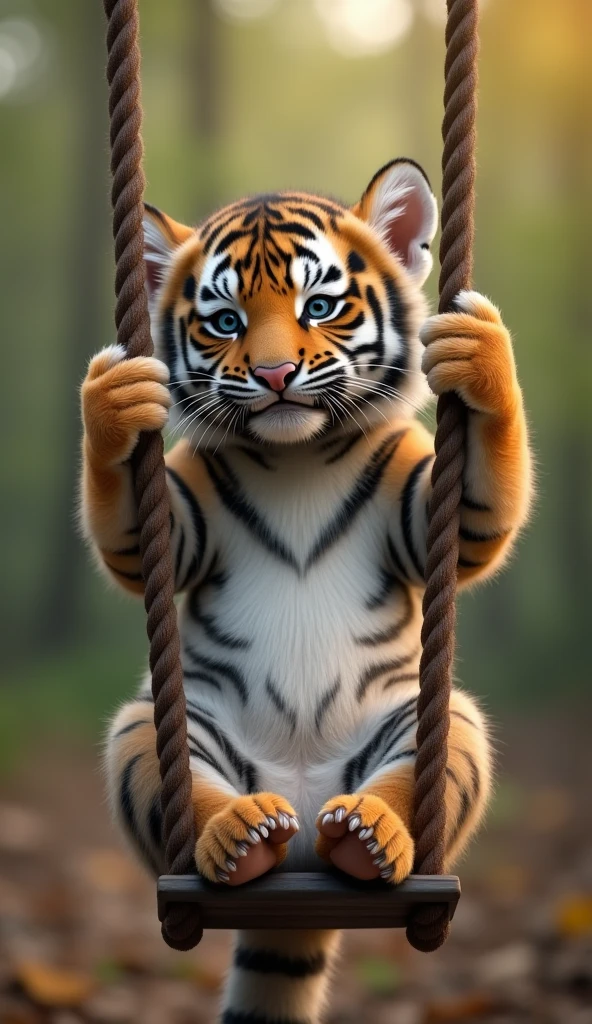 A Siberian tiger cub sits upright on a swing，Real little Siberian tiger，Very small，childhood，animal，biology，Two claws grab the rope of the swing，Big hairy belly