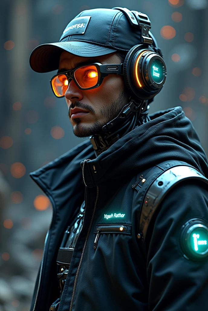A highly detailed 1 male cyborg, with a focus from the shoulders up, looking slightly towards the camera. The cyborg should have a futuristic and sleek appearance, featuring polished metal, intricate mechanical details, and neon glowing cybernetic implants. Include cyberpunk technology elements, such as cyberpunk-style glasses and headphones. His eyes should be glowing and enigmatic, with an expression suggesting contemplation or curiosity. The background should be a dark cosmic setting with a cinematic and professional style, incorporating deep space elements like stars and nebulae. The transition between the cyborg's technology and the cosmic background should be smooth and harmonious, creating a striking and immersive visual contrast, the man wearing black cap, YOGESH RATHOR name on the jaket 