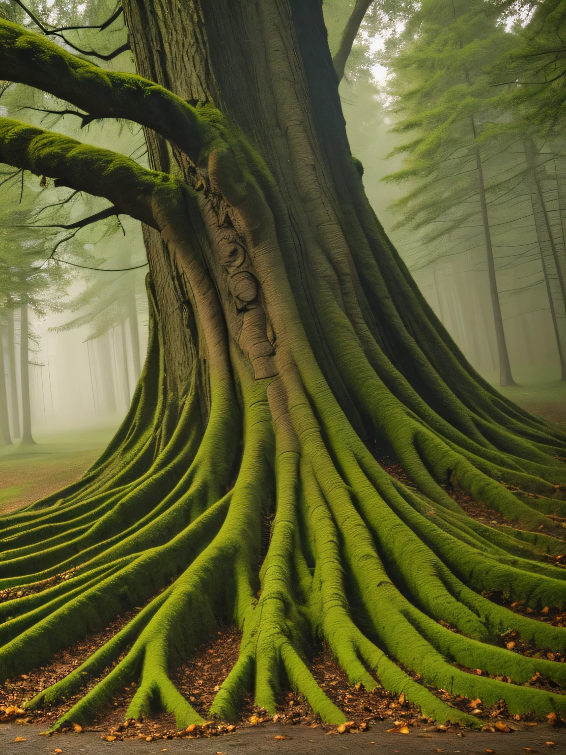 A big tree in the forest,The roots are covered with moss, The roots of the tree entangled the trunk, Leaf-covered trunk and roots of moose,The trunk is connected to the roots of the period,Dark Foggy Forest Theme, Very realistic, Ultra-realistic、8k、