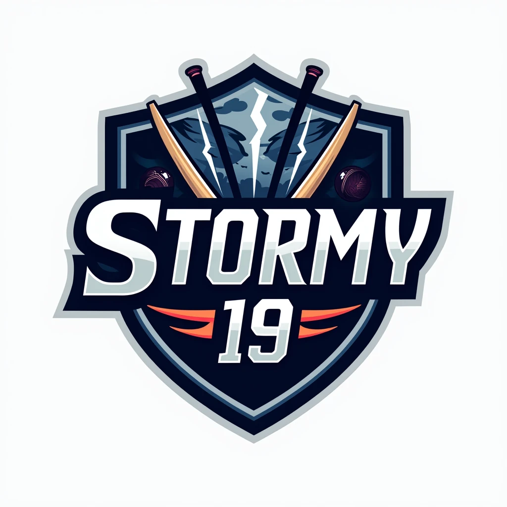 "Create a modern and dynamic cricket team logo for 'Stormy 19'. The logo should feature a storm or lightning theme with a bold and energetic design. Incorporate a cricket bat, ball, and stumps into the design. The color scheme should include dark blue, silver, and white to convey power and agility. The team name 'Stormy 19' should be prominently displayed in a stylish, sporty font. The overall look should be sharp, professional, and suitable for use on a cricket jersey and merchandise."