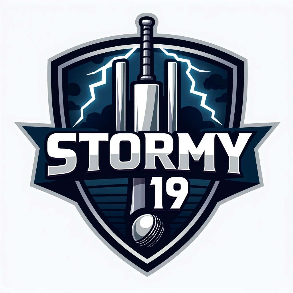 "Create a modern and dynamic cricket team logo for 'Stormy 19'. The logo should feature a storm or lightning theme with a bold and energetic design. Incorporate a cricket bat, ball, and stumps into the design. The color scheme should include dark blue, silver, and white to convey power and agility. The team name 'Stormy 19' should be prominently displayed in a stylish, sporty font. The overall look should be sharp, professional, and suitable for use on a cricket jersey and merchandise."