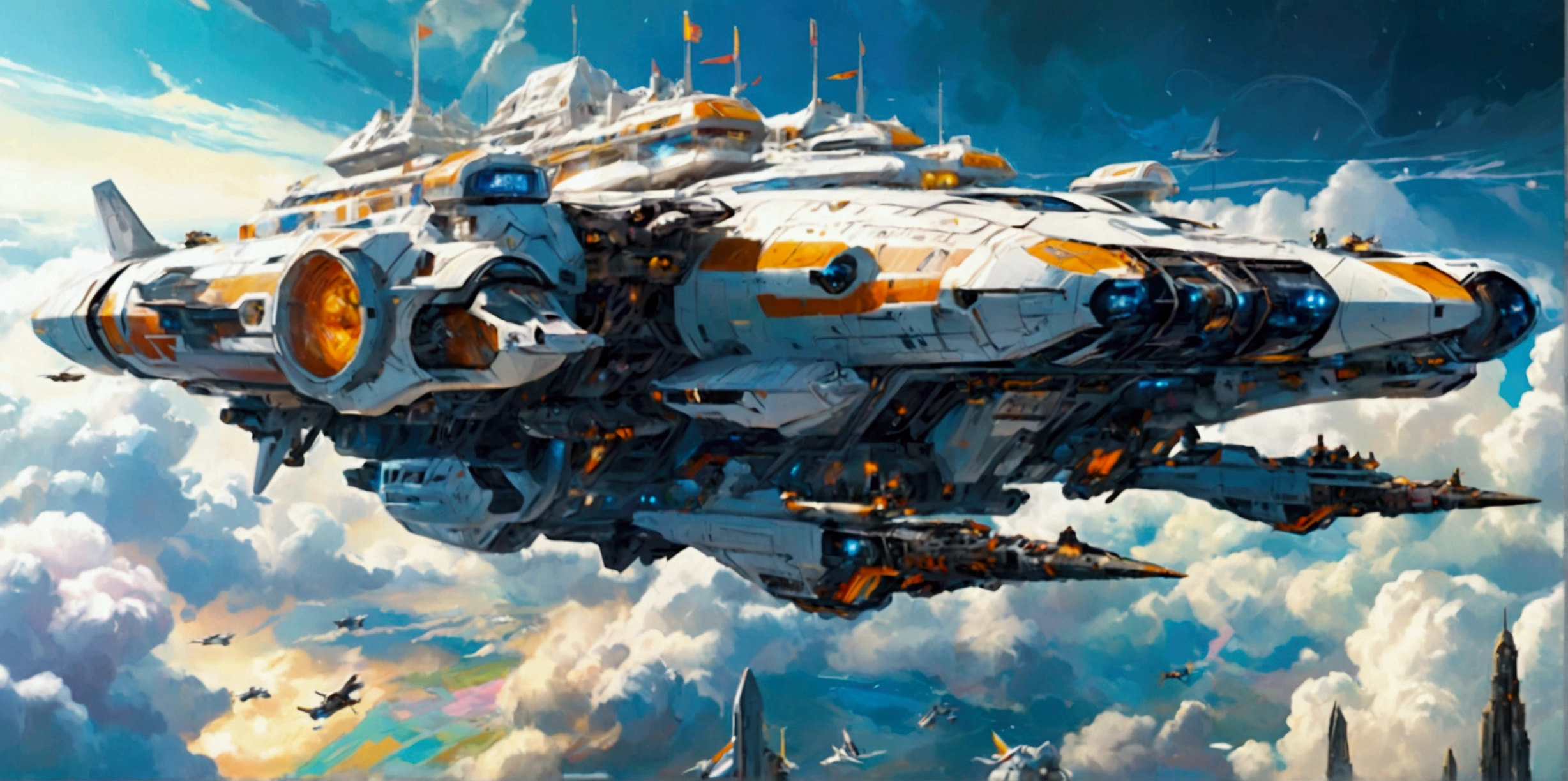 A long wide giant heavily armored divine futuristic flying all terrain biomechanical space battleship covered in rainbow batik pattern and glowing javanese runic symbols, multiple retractable cybernetic spider legs with wheels on the tip, divine halo, flying hovercraft, flying submarine, flying aircraft carrier, flying hotel, flying resort, flying city, flying skyscraper, flying cruise ship, flying yacht, flying castle, flying military base, multiple thrusters, multiple helipad, multiple propeller, mobile headquarters, mobile command center, automatic turrets, missile banks, missile defense system, multi-port rear engine arrays, large pivoted missile pods, anti-air batteries, reactive armour over vital spaces, VTOL thrusters, ventral ground-facing VTOL thruster bays, retractable center cannon, super carrier, sky carrier, space station, floating city, floating castle, white background