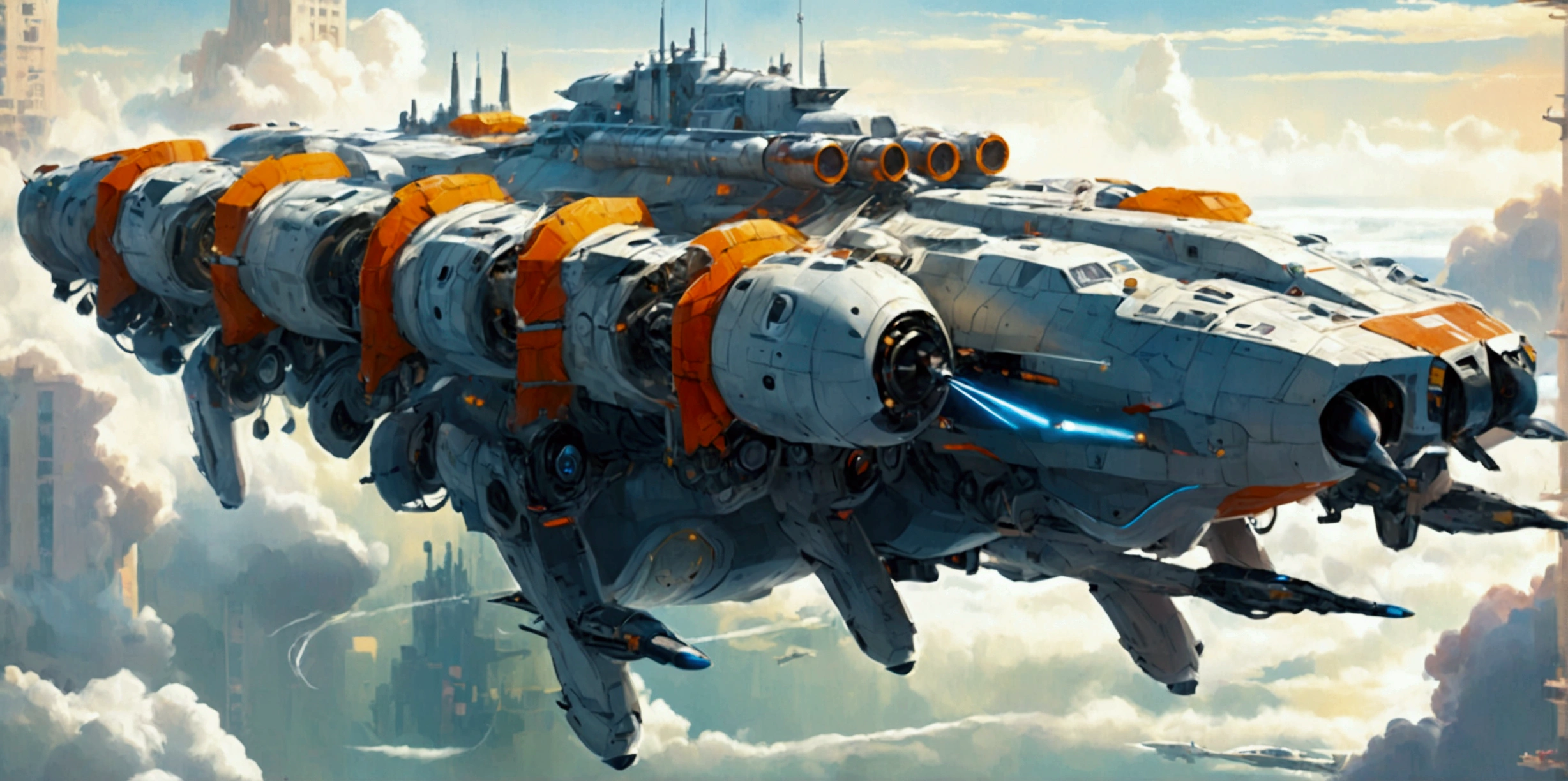 A long wide giant heavily armored divine futuristic flying all terrain biomechanical space battleship covered in rainbow batik pattern and glowing javanese runic symbols, multiple retractable cybernetic spider legs with wheels on the tip, divine halo, flying hovercraft, flying submarine, flying aircraft carrier, flying hotel, flying resort, flying city, flying skyscraper, flying cruise ship, flying yacht, flying castle, flying military base, multiple thrusters, multiple helipad, multiple propeller, mobile headquarters, mobile command center, automatic turrets, missile banks, missile defense system, multi-port rear engine arrays, large pivoted missile pods, anti-air batteries, reactive armour over vital spaces, VTOL thrusters, ventral ground-facing VTOL thruster bays, retractable center cannon, super carrier, sky carrier, space station, floating city, floating castle, white background