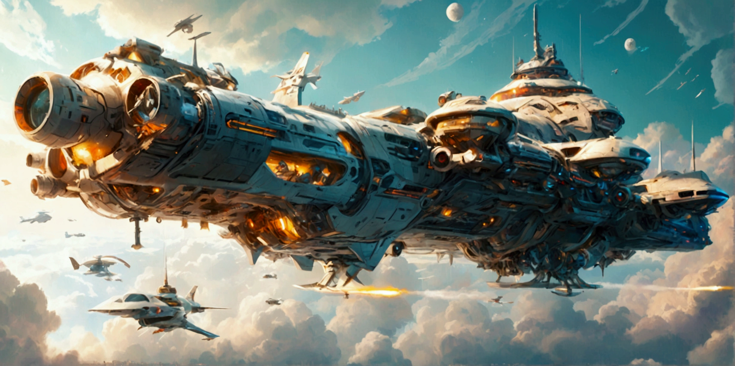 A long wide giant heavily armored divine futuristic flying all terrain biomechanical space battleship covered in rainbow batik pattern and glowing javanese runic symbols, multiple retractable cybernetic spider legs with wheels on the tip, divine halo, flying hovercraft, flying submarine, flying aircraft carrier, flying hotel, flying resort, flying city, flying skyscraper, flying cruise ship, flying yacht, flying castle, flying military base, multiple thrusters, multiple helipad, multiple propeller, mobile headquarters, mobile command center, automatic turrets, missile banks, missile defense system, multi-port rear engine arrays, large pivoted missile pods, anti-air batteries, reactive armour over vital spaces, VTOL thrusters, ventral ground-facing VTOL thruster bays, retractable center cannon, super carrier, sky carrier, space station, floating city, floating castle, white background