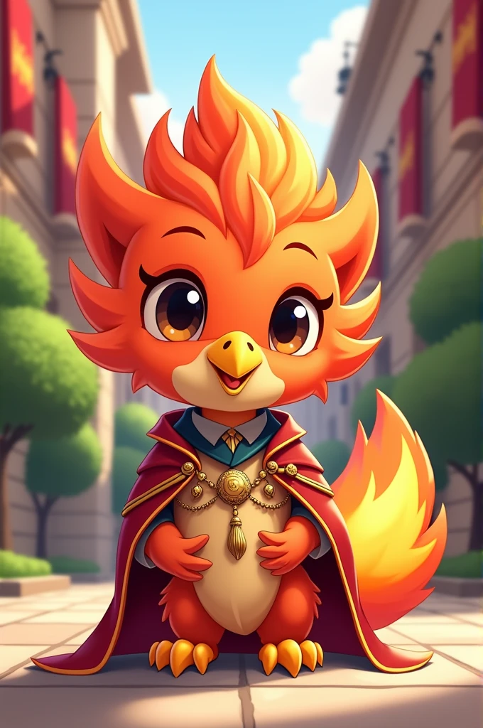 A phoenix wearing the Regal Academy uniform in a cute and small style and cartoon style