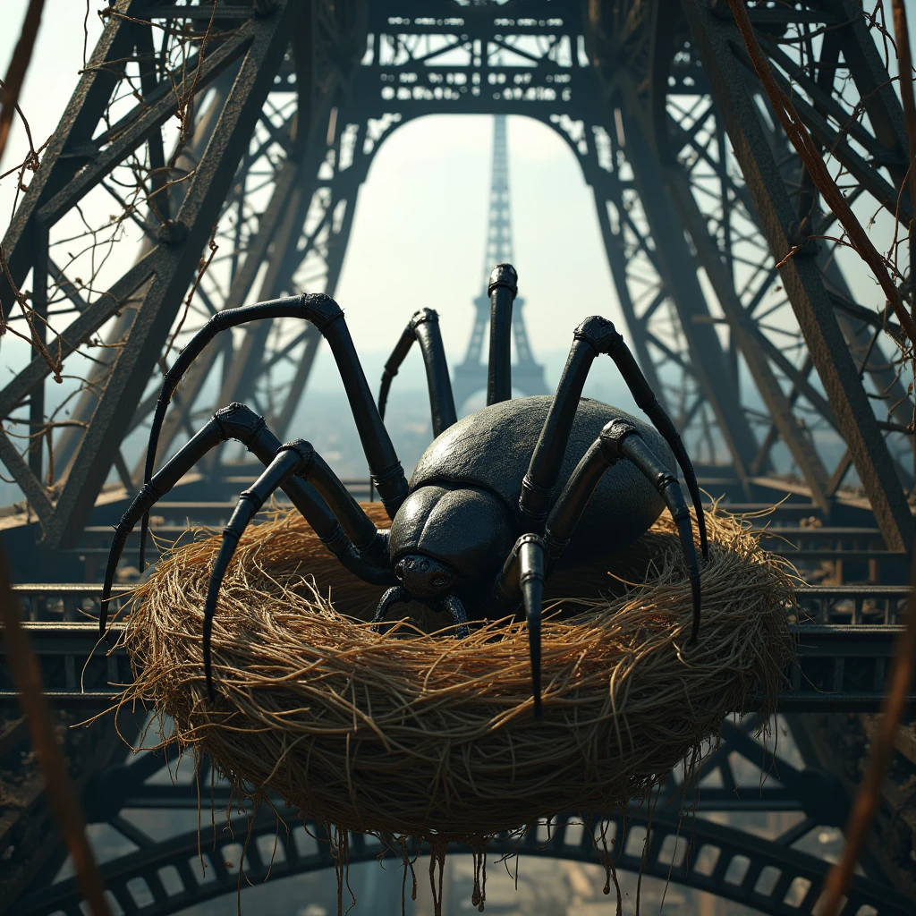 realistic style, photo, photorealistic, high detail, (sharp), (photorealism:1.2), (photo:1.2) of a giant spider sleeping on the Eiffel Tower. Sleeping in his nest woven between the rafters of the Eiffel Tower. the steel beams. Alien insect sliming on steel beams, webs through steel beams, spider cocoons through steel beams