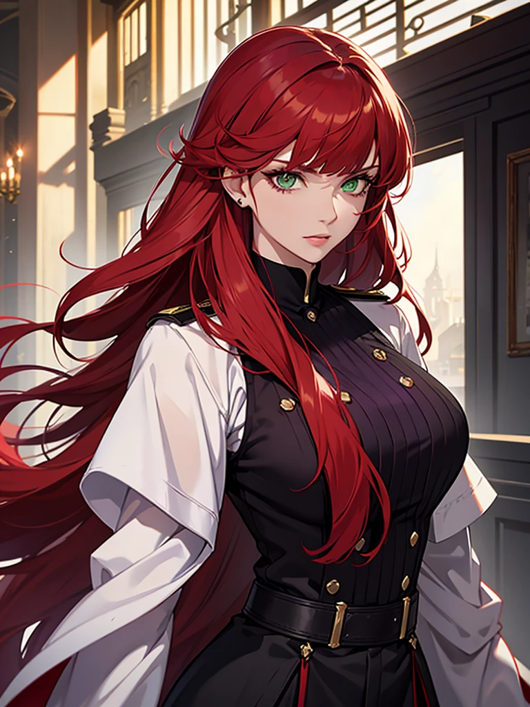 green eyes, red hair with long bangs, noble, mafia. sadistic women, wavy long hair. weaving black purple uniform. strong woman