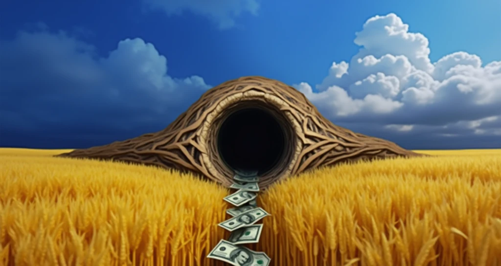 Ukrainian wheat field under a very blue sky. there is a black hole between sky and wheat field top, it is eating a dollar bills