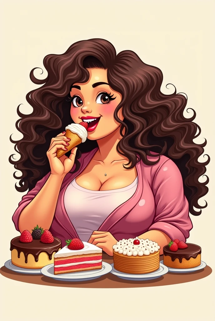 (generate logo) pastry fat woman eating desserts curly hair 