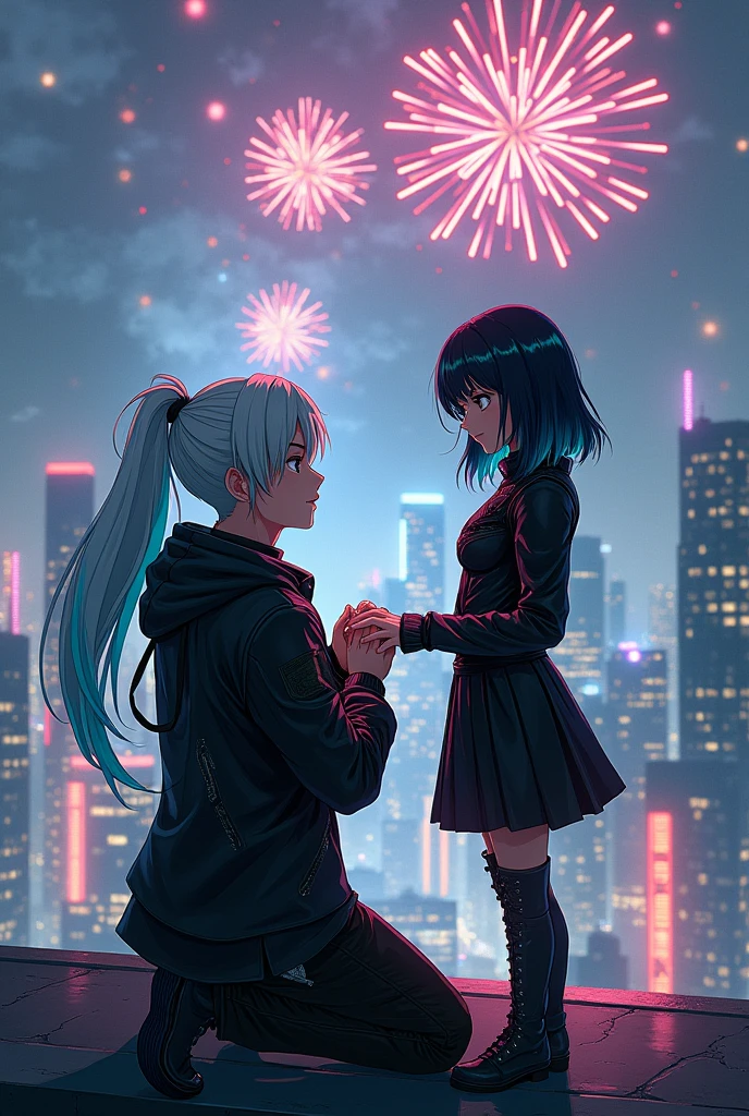 Create two teenagers in a building: a boy with long white hair with a turquoise tip combed with a ponytail and a girl with medium black hair and blue highlights., Wearing black cyberpunk clothes the boy is proposing to the girl and the girl is excited they are both on top of a building and there are fireworks 