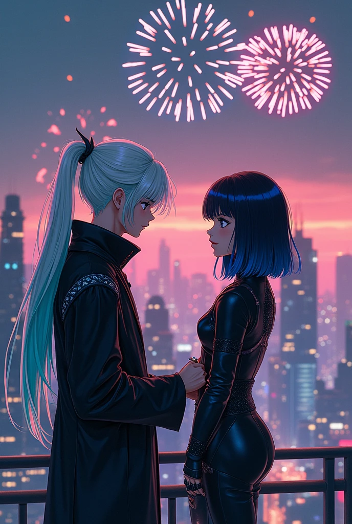 Create two agers in a building: a boy with long white hair with a turquoise tip combed with a ponytail and a girl with medium black hair and blue highlights., Wearing black cyberpunk clothes the boy is proposing to the girl and the girl is excited they are both on top of a building and there are fireworks