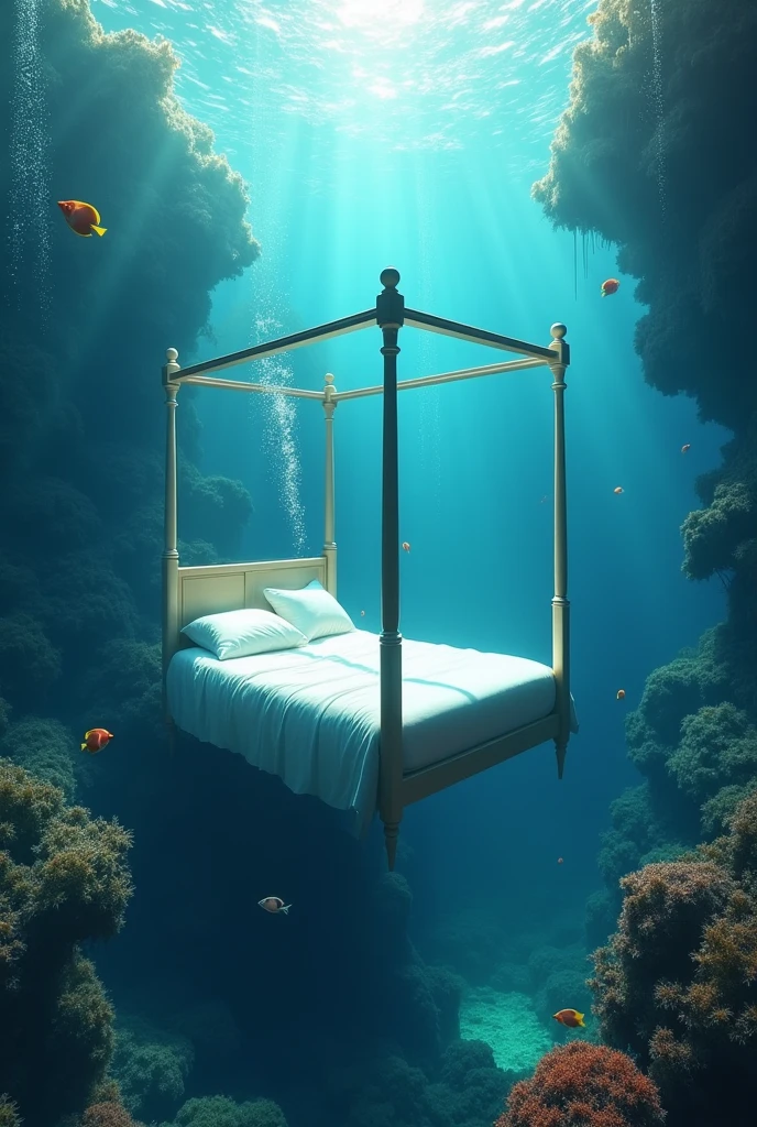 Create a photo of an bed under water