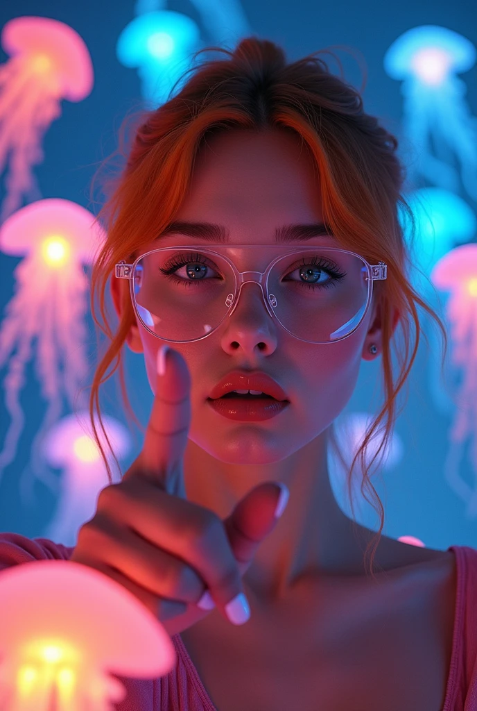 Here’s the modified prompt:

A hyper-realistic fashion portrait of a young woman with orange hair, wearing safety glasses. She has light-colored eyes and is surrounded by floating jellyfish of different colors inside a room. Each jellyfish is in a different position, illuminating the space with neon lights. The woman is gazing at them with a sense of wonder and curiosity, reaching out with her index finger as if to touch one of the jellyfish. The neon glow from the jellyfish creates colorful reflections on her face and surroundings, adding to the ethereal atmosphere of the scene.
