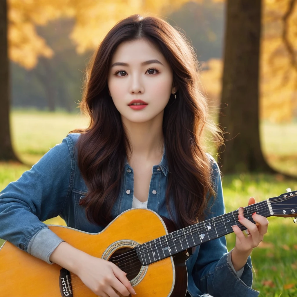 Ultra-Realistic Capture,18k,RAW Photos,Highest quality,masterpiece,reality,Very detailed,Sharp Photos,Very beautiful woman,Acoustic guitar,Magazine Cover,autumn,Portrait,