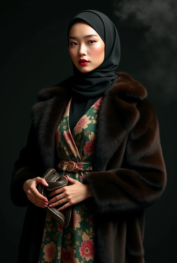 beautiful tanned japanese woman, ((grey hijab)) ((headscarf)) ((no hair, no hair)) wearing a designer jacket using expensive materials, from grey buffalo leather, with a Gucci motif inner lining accent, and a hoodie with a green, red and gold floral pattern. and black fabric turtle neck loose satin dress, gold zipper, thick eyebrows, photorealistic, masterpiece, moncler, ((grey hijab)), open coat, lips pouting, pouts, void black background with smokes and nice lighting