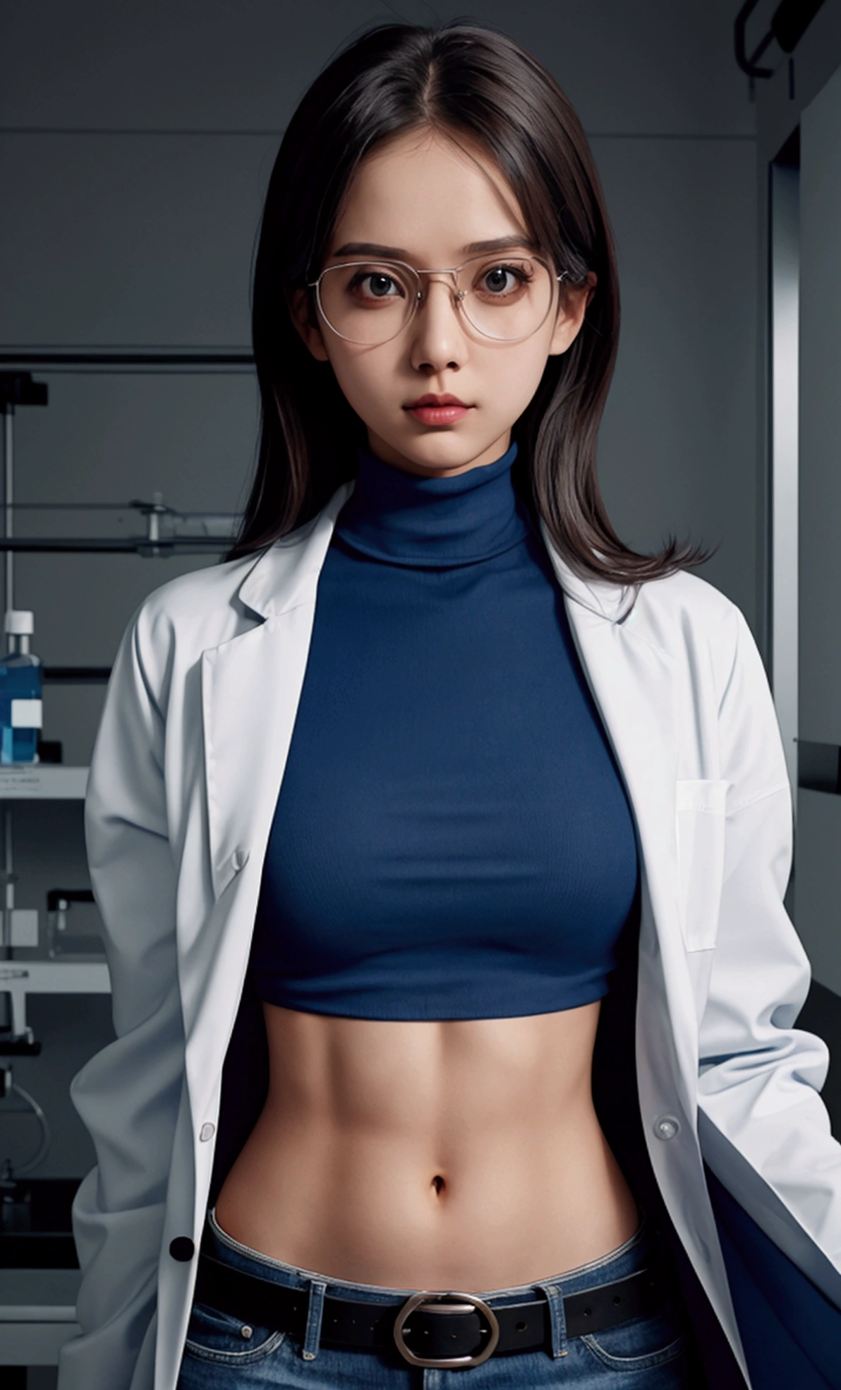 Girl in Laboratory, Turtle-neck, lab coat, showing navel, belt, Exposing the abdomen below the navel, well-dressed, glasses, blue jean, laboratory
