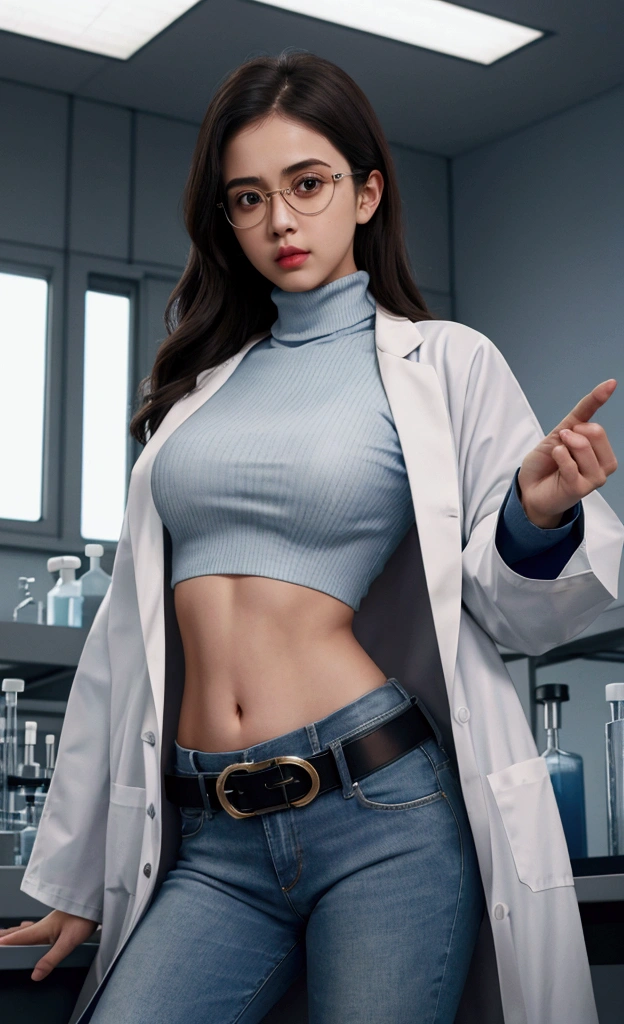 Girl in Laboratory, Turtle-neck, lab coat, showing navel, belt, Exposing the abdomen below the navel, well-dressed, glasses, blue jean, laboratory