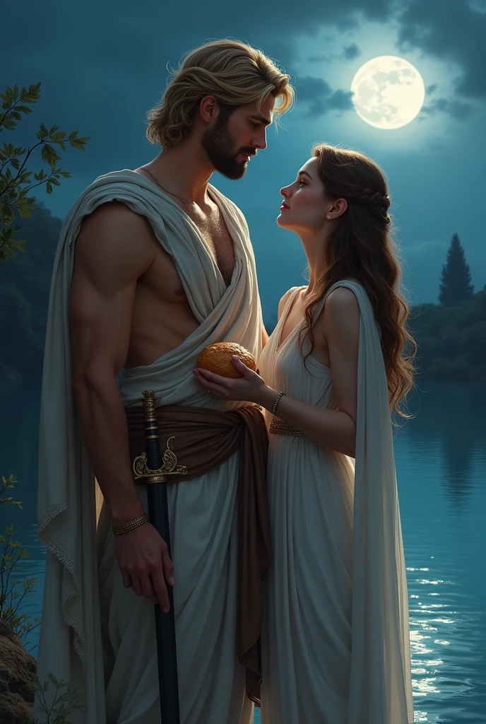 A handsome, young Greek god, fully dressed: blonde, tall, nice with a sword hanged on his waist and a woman amazed at his beauty and was holding a little tasty bread on her hand beside the lake and at night. A woman who's pale as white