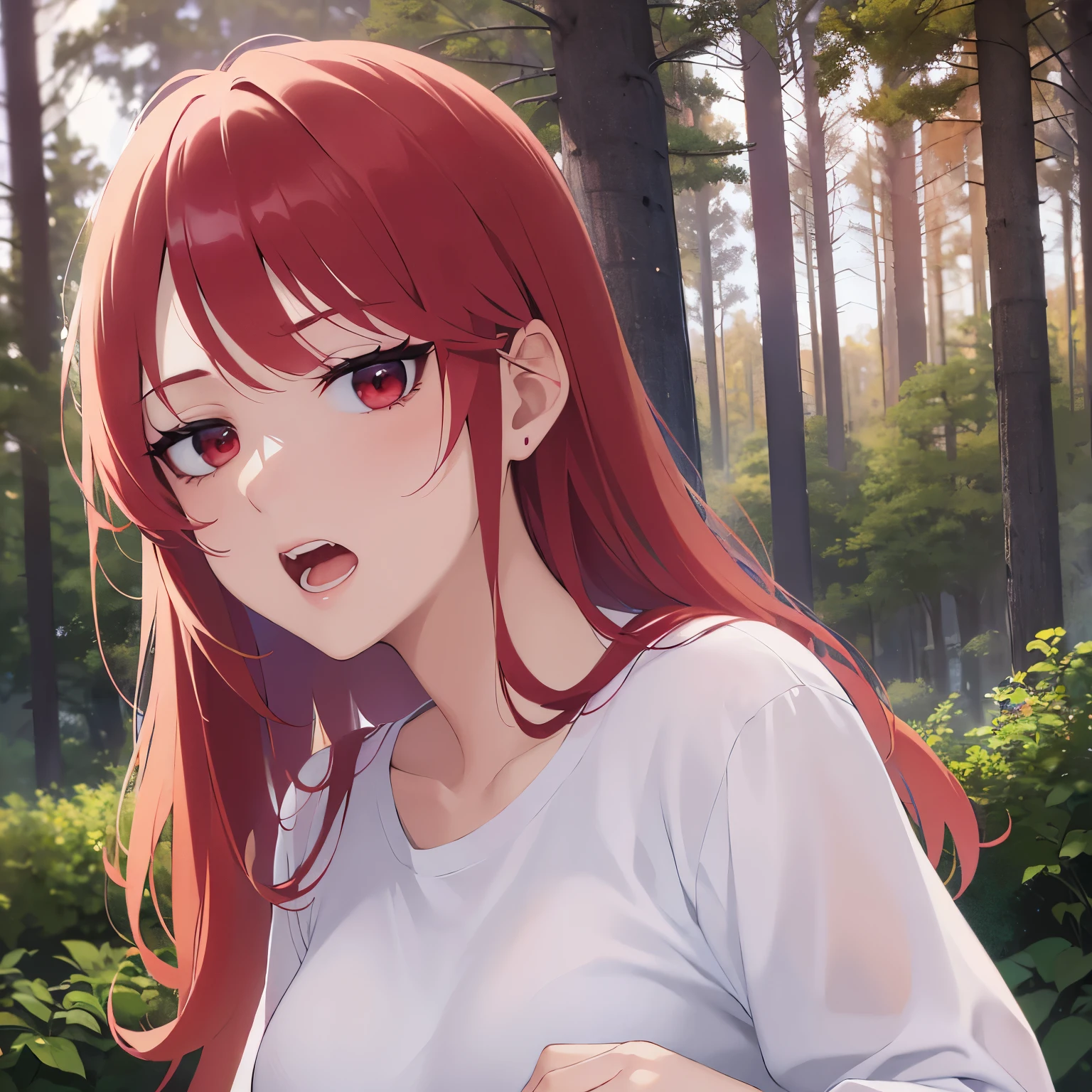 (looking at viewer:1.5)Upper Body, Arms crossed、Side shot、
Realistic, real person, RAW photo, photorealistic, portrait photography, shiny skin,
2 woman、(Medium Hair) and (red hair) and (red eyes),
Wearing a white T-shirt、
(angry:1.2), open mouth,(park:1.5)、(alone:1.5)