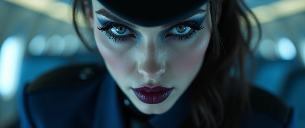 a fierce and assertive emo goth female flight attendant, wearing a dark blue gothic flight attendant uniform, beautiful detailed eyes,beautiful detailed lips,extremely detailed eyes and face,longeyelashes, dramatic gothic makeup, confident and militant expression, dramatic lighting, cinematic camera angle, photorealistic, 8K, highly detailed, masterpiece