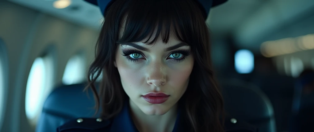 a fierce and assertive emo goth female flight attendant, wearing a dark blue gothic flight attendant uniform, beautiful detailed eyes,beautiful detailed lips,extremely detailed eyes and face,longeyelashes, dramatic gothic makeup, confident and militant expression, dramatic lighting, cinematic camera angle, photorealistic, 8K, highly detailed, masterpiece