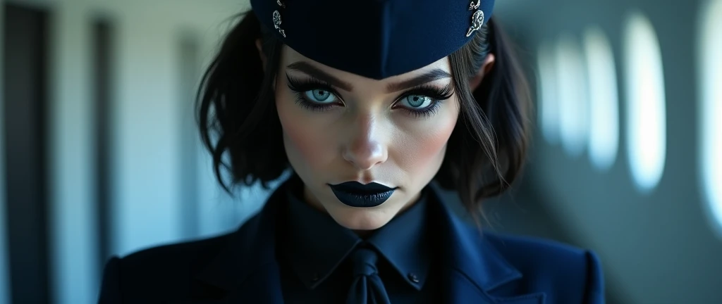 a fierce and assertive emo goth female flight attendant, wearing a dark blue gothic flight attendant uniform, beautiful detailed eyes,beautiful detailed lips,extremely detailed eyes and face,longeyelashes, dramatic gothic makeup, confident and militant expression, dramatic lighting, cinematic camera angle, photorealistic, 8K, highly detailed, masterpiece