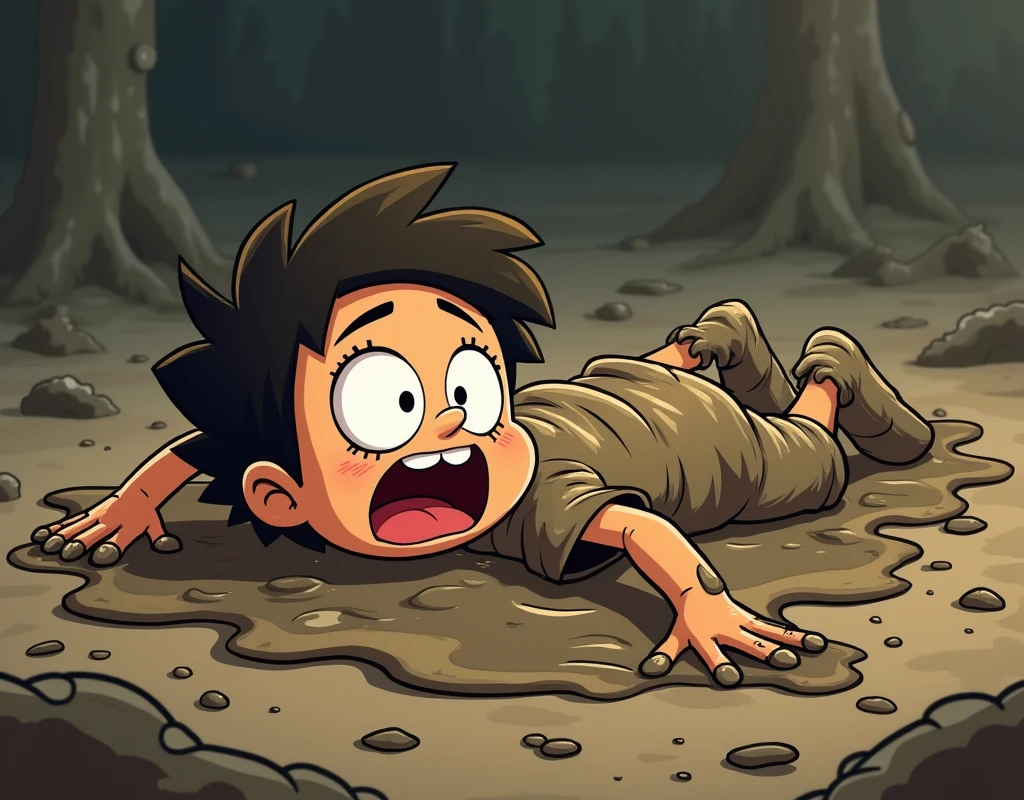 We only need one image of Ash cartoon  lying in the mud and his entire body covered in mud and he is screaming for help.