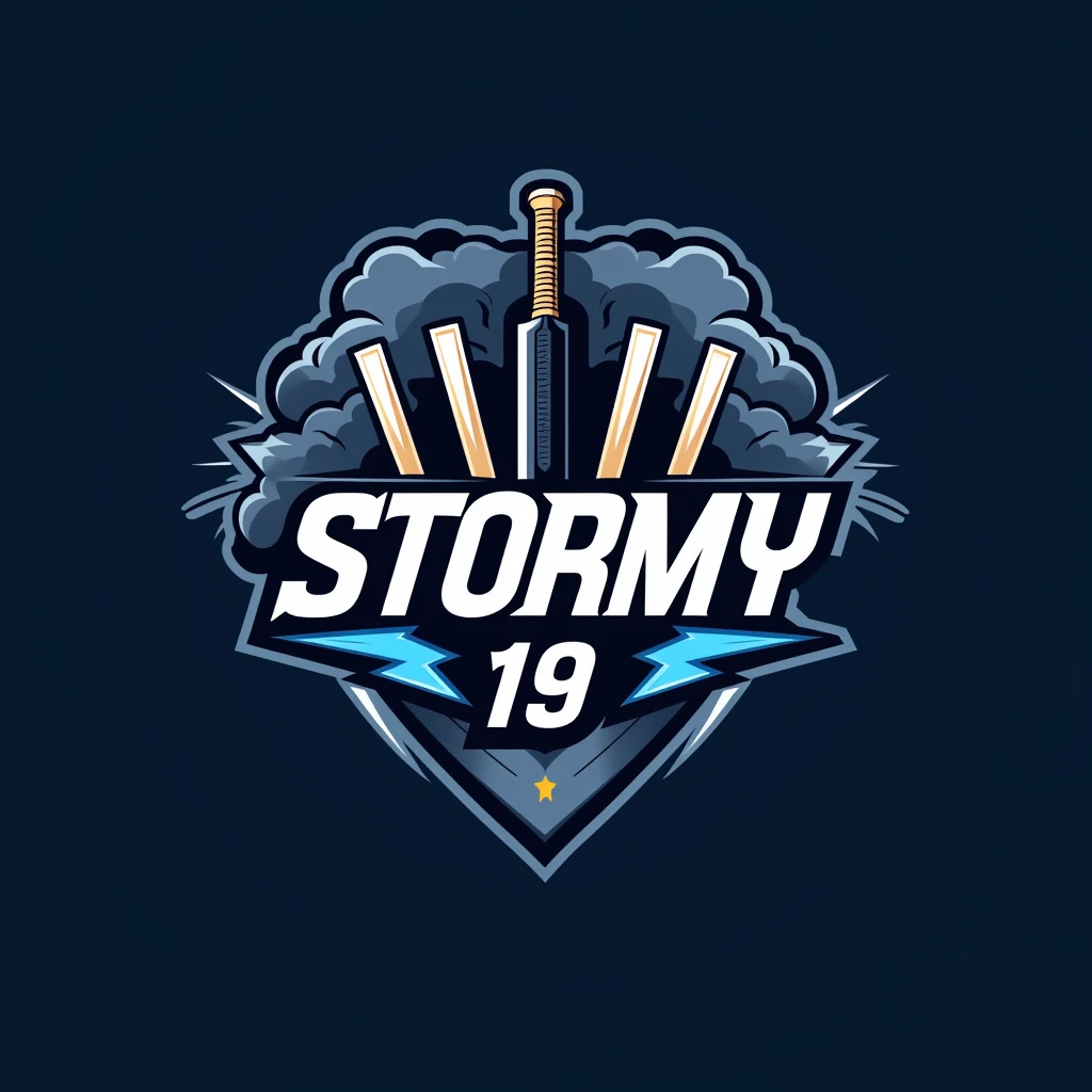 "Create a modern and dynamic cricket team logo for 'Stormy 19'. The logo should feature a storm or lightning theme with a bold and energetic design. Incorporate a cricket bat, ball, and stumps into the design. The color scheme should include dark blue, silver, and white to convey power and agility. The team name 'Stormy 19' should be prominently displayed in a stylish, sporty font. The overall look should be sharp, professional, and suitable for use on a cricket jersey and merchandise."