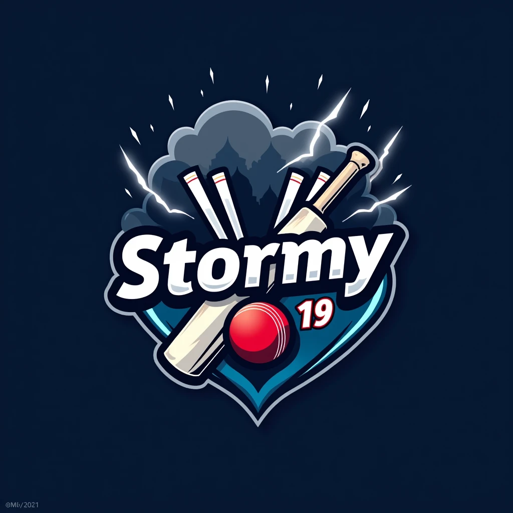 "Create a modern and dynamic cricket team logo for 'Stormy 19'. The logo should feature a storm or lightning theme with a bold and energetic design. Incorporate a cricket bat, ball, and stumps into the design. The color scheme should include dark blue, silver, and white to convey power and agility. The team name 'Stormy 19' should be prominently displayed in a stylish, sporty font. The overall look should be sharp, professional, and suitable for use on a cricket jersey and merchandise."