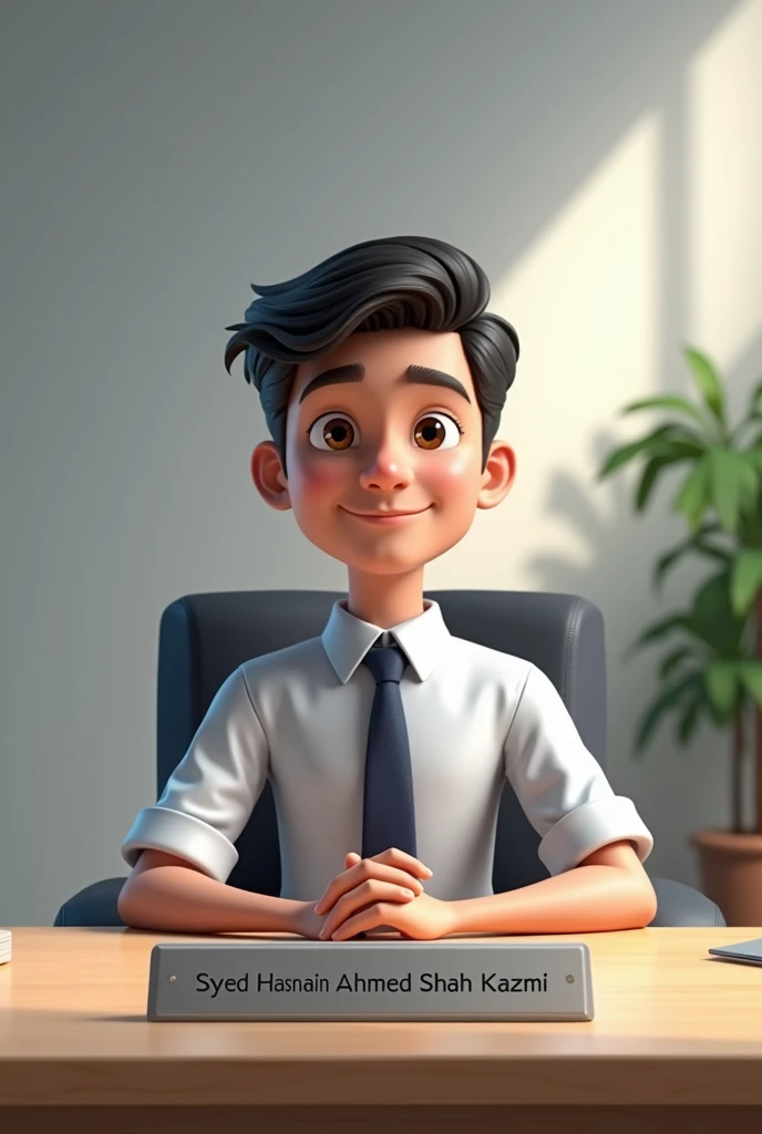 Make a avatar of student sitting on a office chair with table name plat os Syed hasnain Ahmad shah kazmi