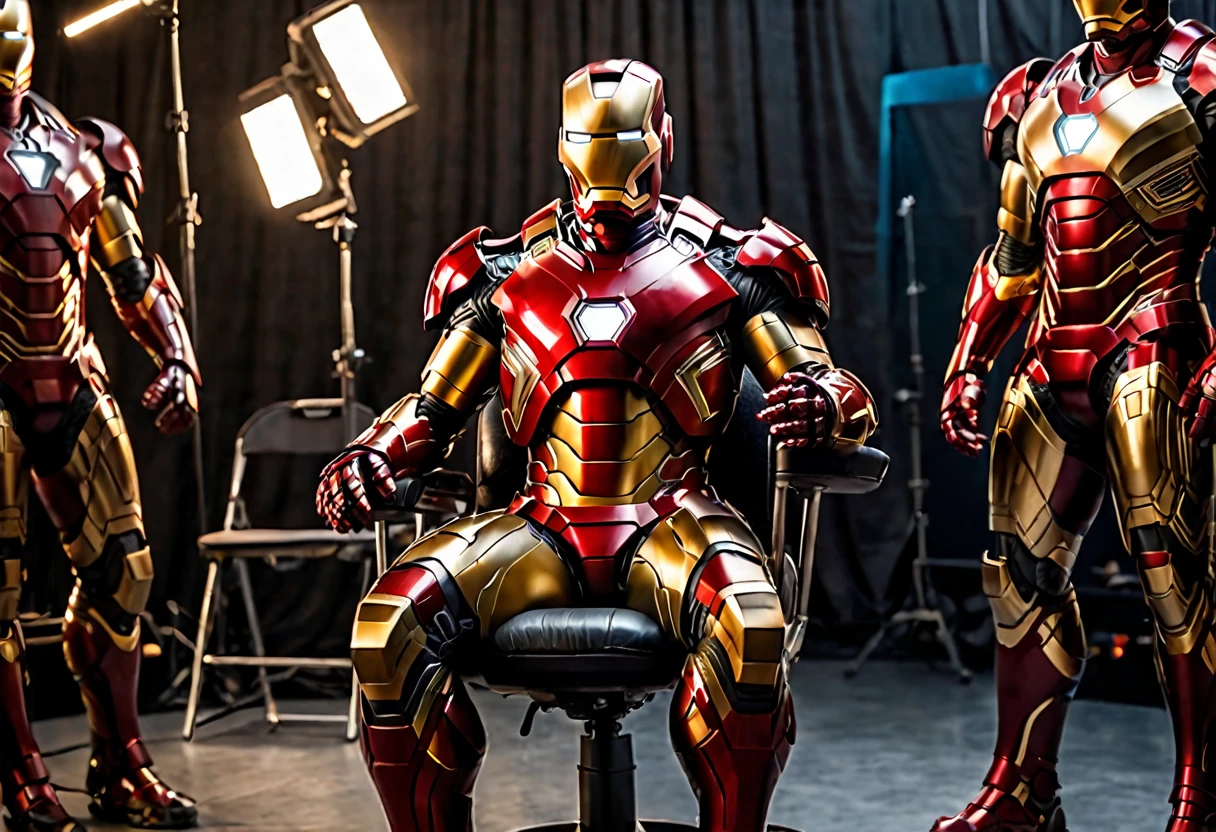 a detailed, muscular iron man in full red and gold armor, sitting in a studio chair, waiting on his mark as actresses play out the scene in a professional film studio, cinematic lighting, photorealistic, 8k, hyperdetailed