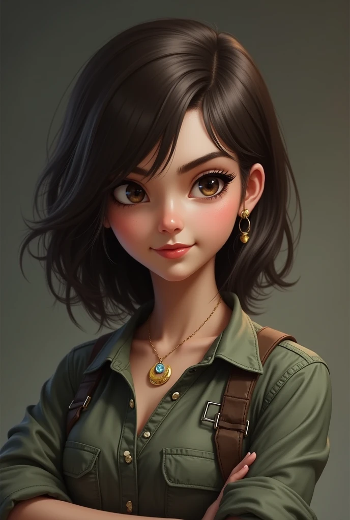 Create the image of a woman of average height, with an energetic and determined presence. She has straight, dark brown hair that she usually keeps in a practical cut.. His eyes are brown and intense, reflecting your concentration and empathy. Julia prefers comfortable and functional clothes, like tactical pants and button-down shirts, on her feet she normally wears boots, and I also have a small golden necklace in the shape of a small moon with a crystal inside that I got from my friend.