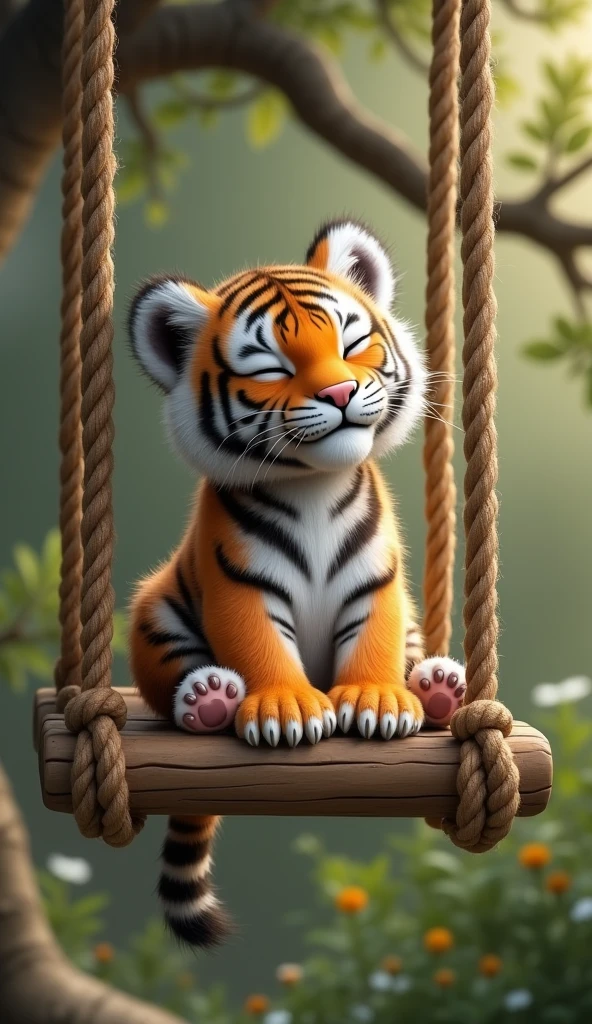 A Siberian tiger cub sits upright on a swing,With eyes closed,Real little Siberian tiger,Very small,childhood,animal,biology,Two claws grab the rope of the swing,Big hairy belly
