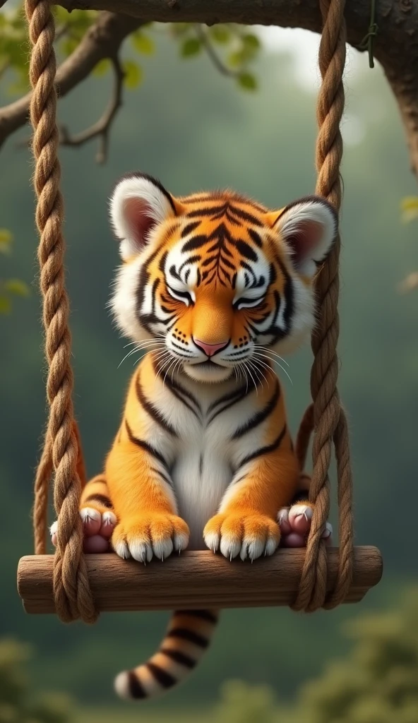 A Siberian tiger cub sits upright on a swing,With eyes closed,Real little Siberian tiger,Very small,childhood,animal,biology,Two claws grab the rope of the swing,Big hairy belly