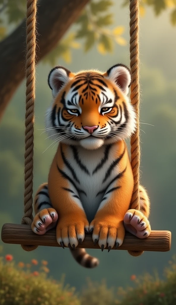 A Siberian tiger cub sits upright on a swing,With eyes closed,Real little Siberian tiger,Very small,childhood,animal,biology,Two claws grab the rope of the swing,Big hairy belly